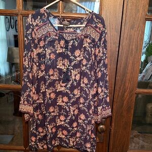 Angie Womens Navy Floral Paisley Boho Tassel Tie Rayon Tunic Top Size M